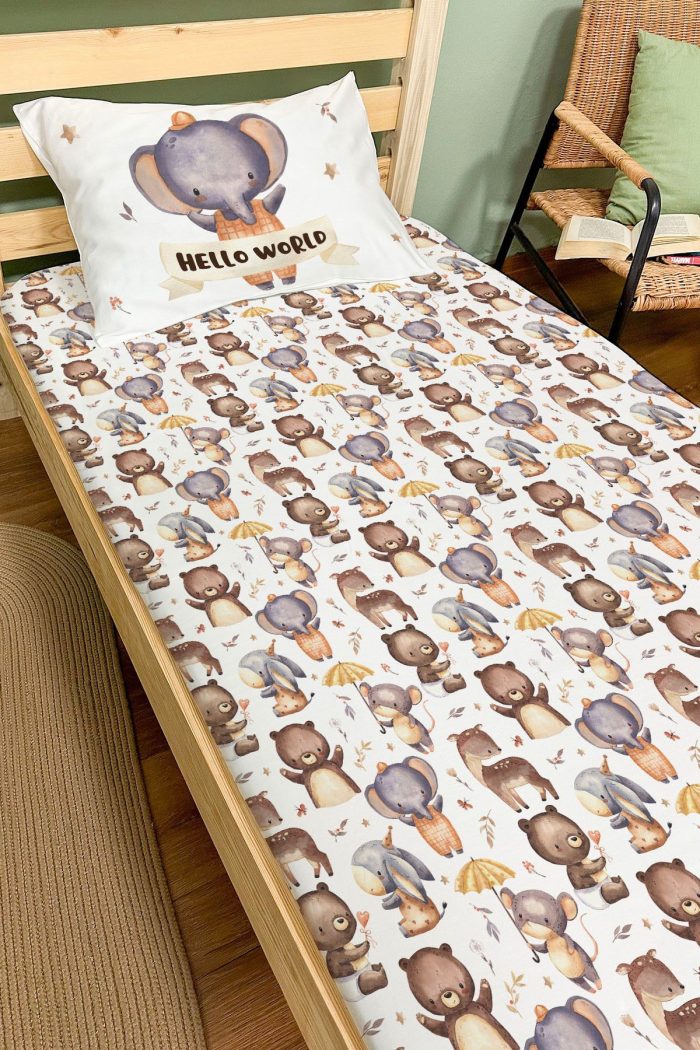 Organik Tek Kişilik Lastikli Çarşaf Seti - Sevimli Orman Arkadaşım Fil - Görsel 2
