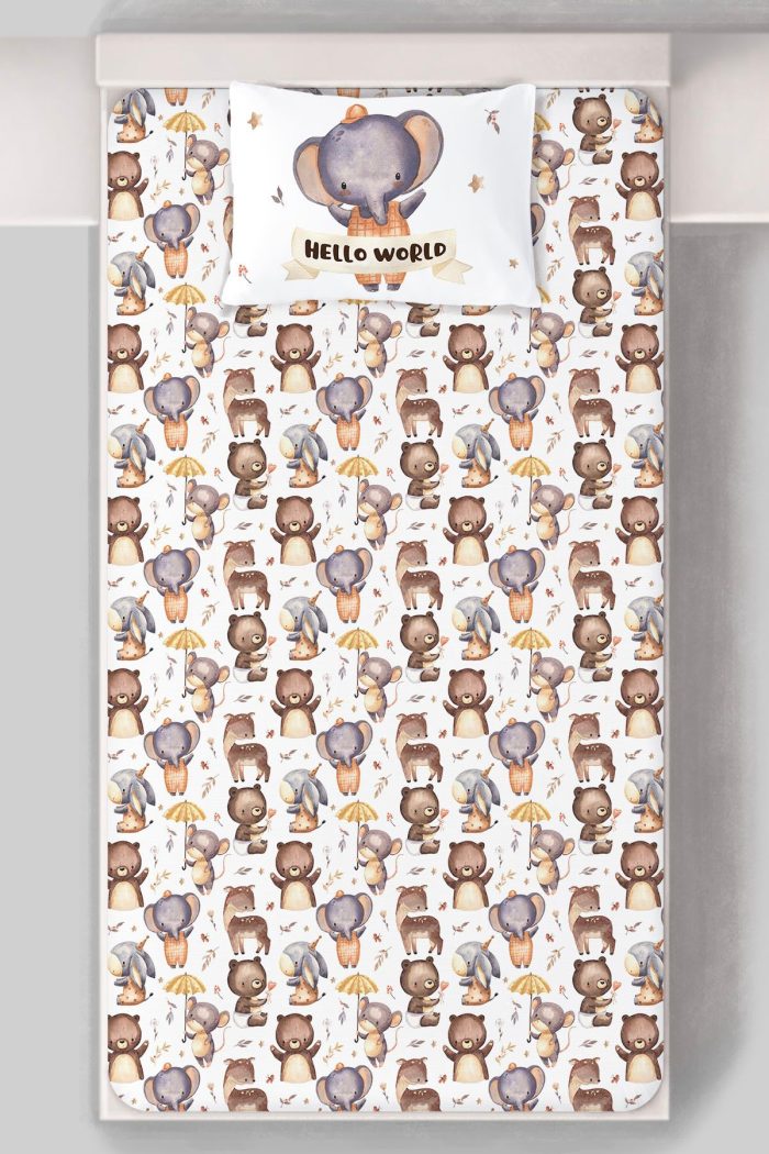 Organik Tek Kişilik Lastikli Çarşaf Seti - Sevimli Orman Arkadaşım Fil - Görsel 3