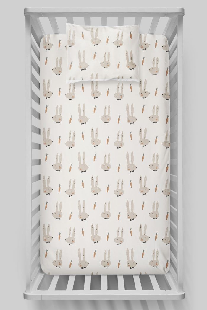 Organik Bebek Boy Lastikli Çarşaf Seti - Papyonlu Tavşan - Görsel 3