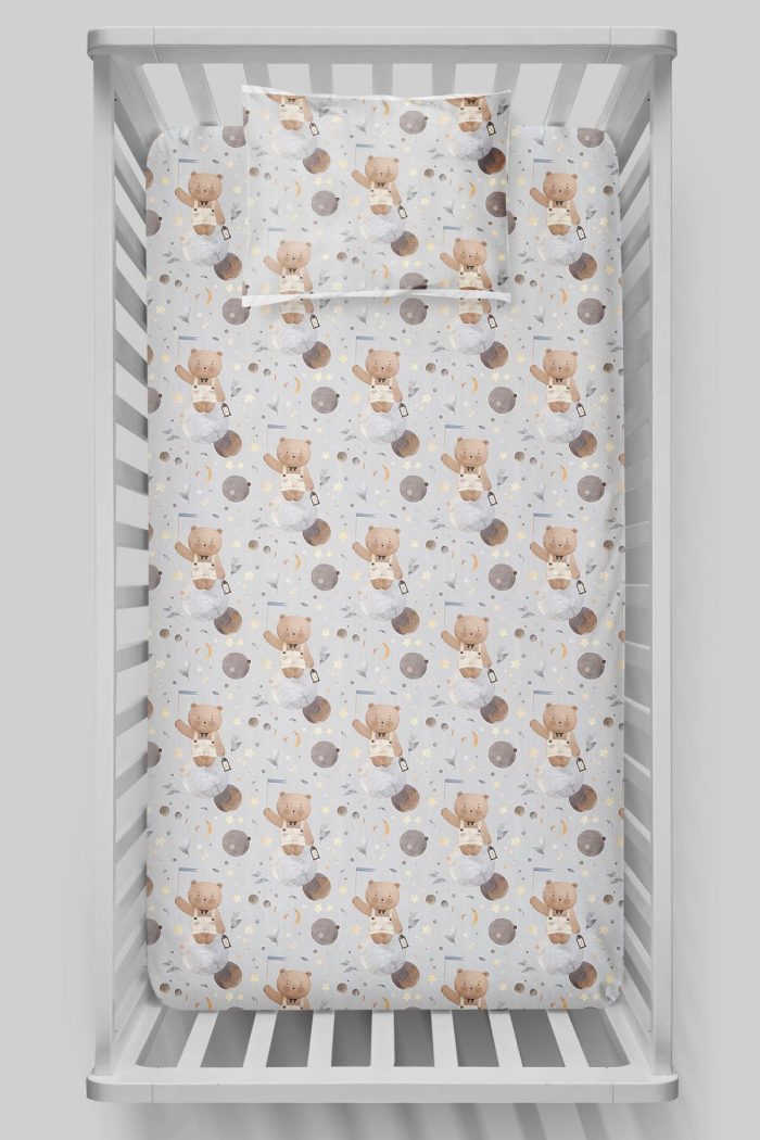 Organik Bebek Boy Lastikli Çarşaf Seti - Uzayda Ayı - Görsel 3