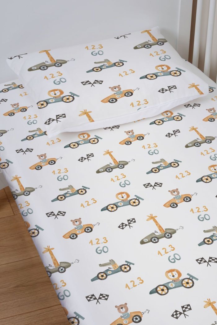 Organik Bebek Boy Lastikli Çarşaf Seti - Minik Yarışçılar - Görsel 2