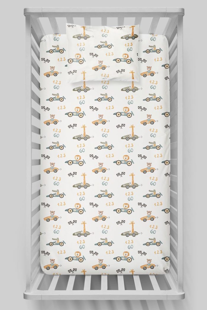 Organik Bebek Boy Lastikli Çarşaf Seti - Minik Yarışçılar - Görsel 3