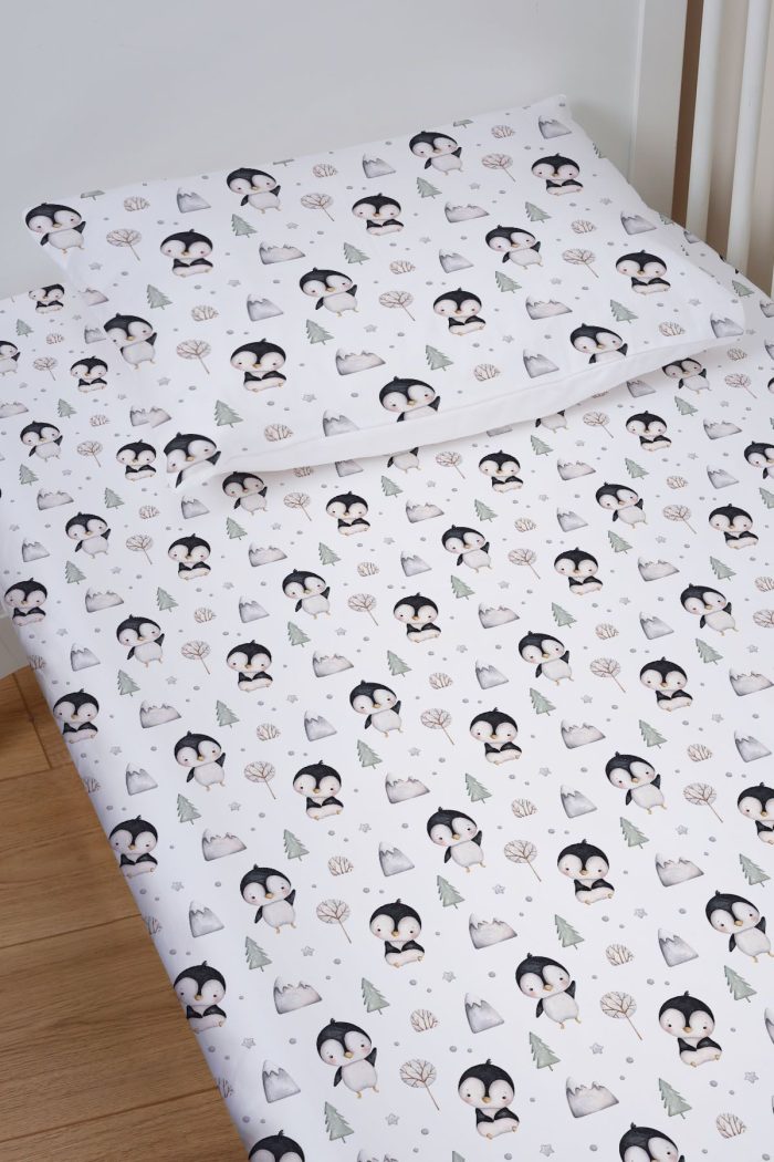 Organik Bebek Boy Lastikli Çarşaf Seti - Kutup Dostları Penguenler - Görsel 2