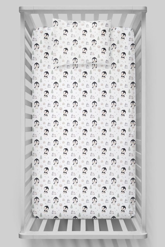 Organik Bebek Boy Lastikli Çarşaf Seti - Kutup Dostları Penguenler - Görsel 3