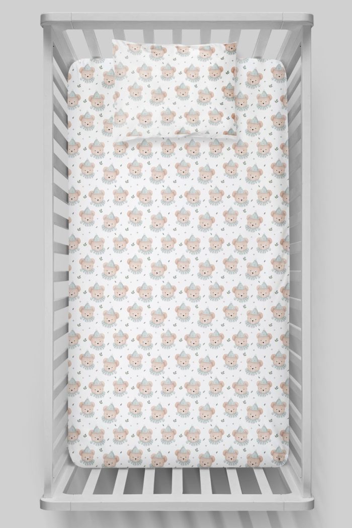 Organik Bebek Boy Lastikli Çarşaf Seti - Mavi Şapkalı Ayıcık - Görsel 3