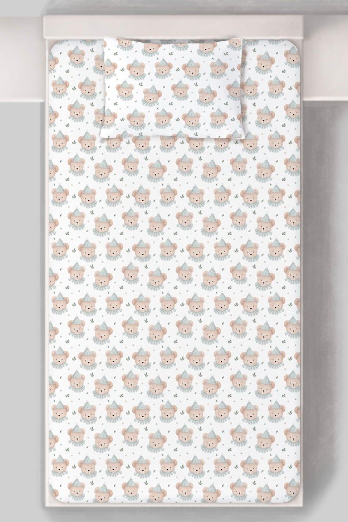 Organik Tek Kişilik Lastikli Çarşaf Seti - Mavi Şapkalı Ayıcık - Görsel 2