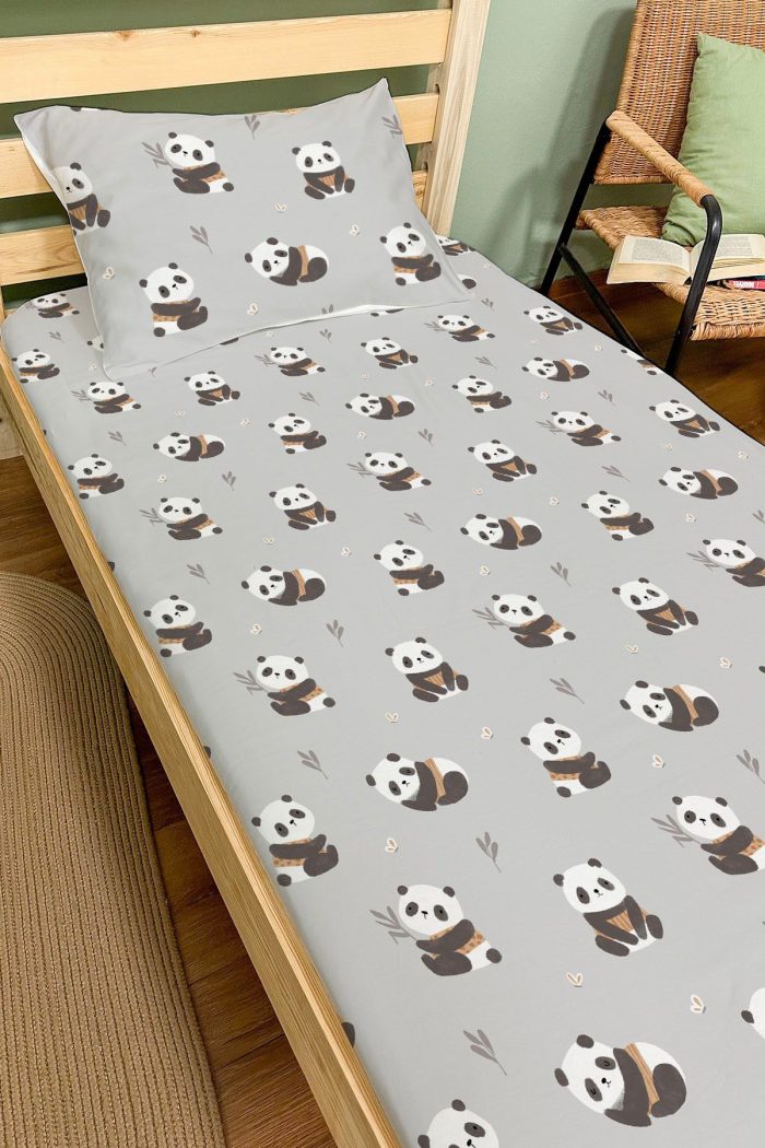 Organik Tek Kişilik Lastikli Çarşaf Seti - Sevimli Bambu Dostu Panda - Görsel 2