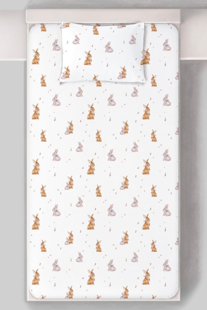 Organik Tek Kişilik Lastikli Çarşaf Seti - Neşeli Tavşan Notaları - Görsel 3
