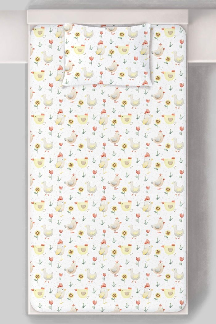 Organik Tek Kişilik Lastikli Çarşaf Seti - Ördek ve Tavuk Düşleri - Görsel 3
