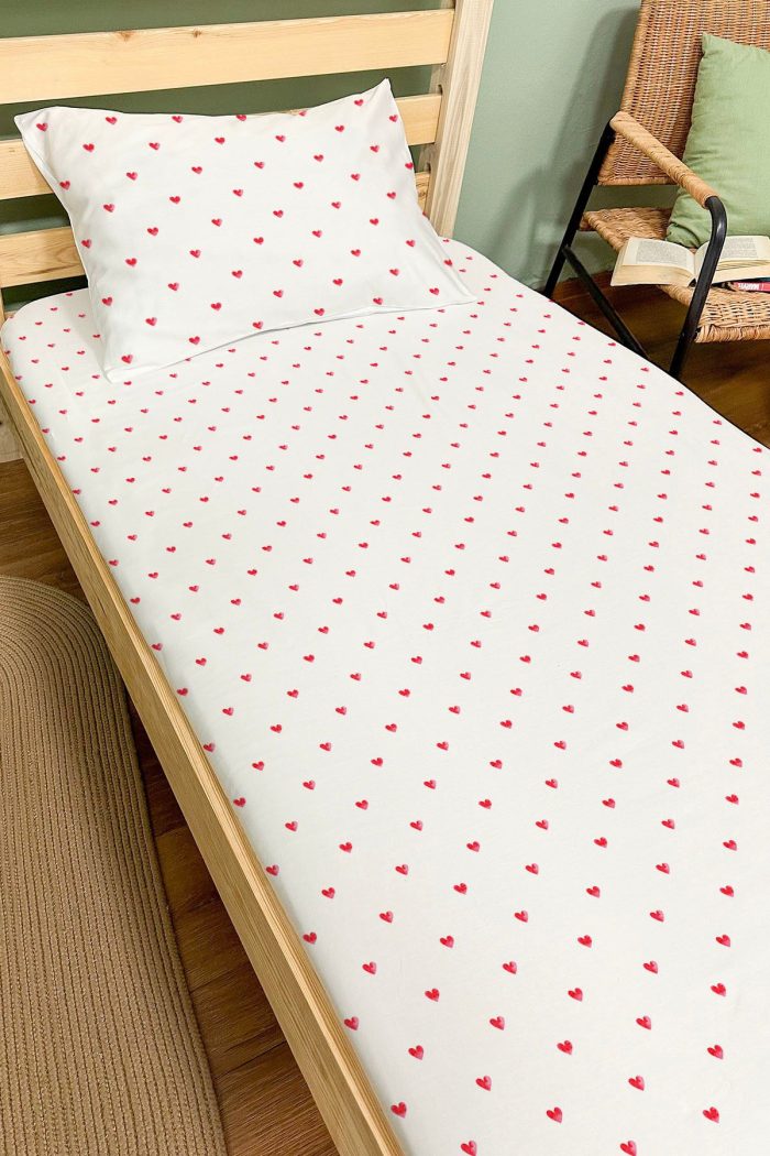 Organik Tek Kişilik Lastikli Çarşaf Seti - Kalp Yağmuru - Görsel 2