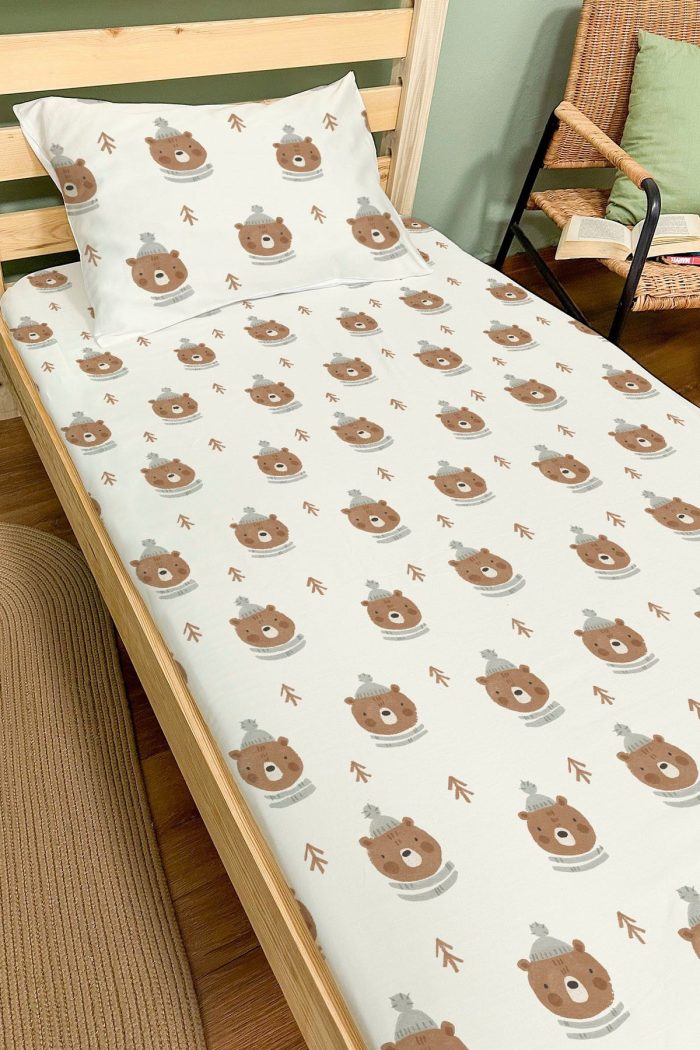 Organik Tek Kişilik Lastikli Çarşaf Seti - Sevimli Kış Ayısı - Görsel 2