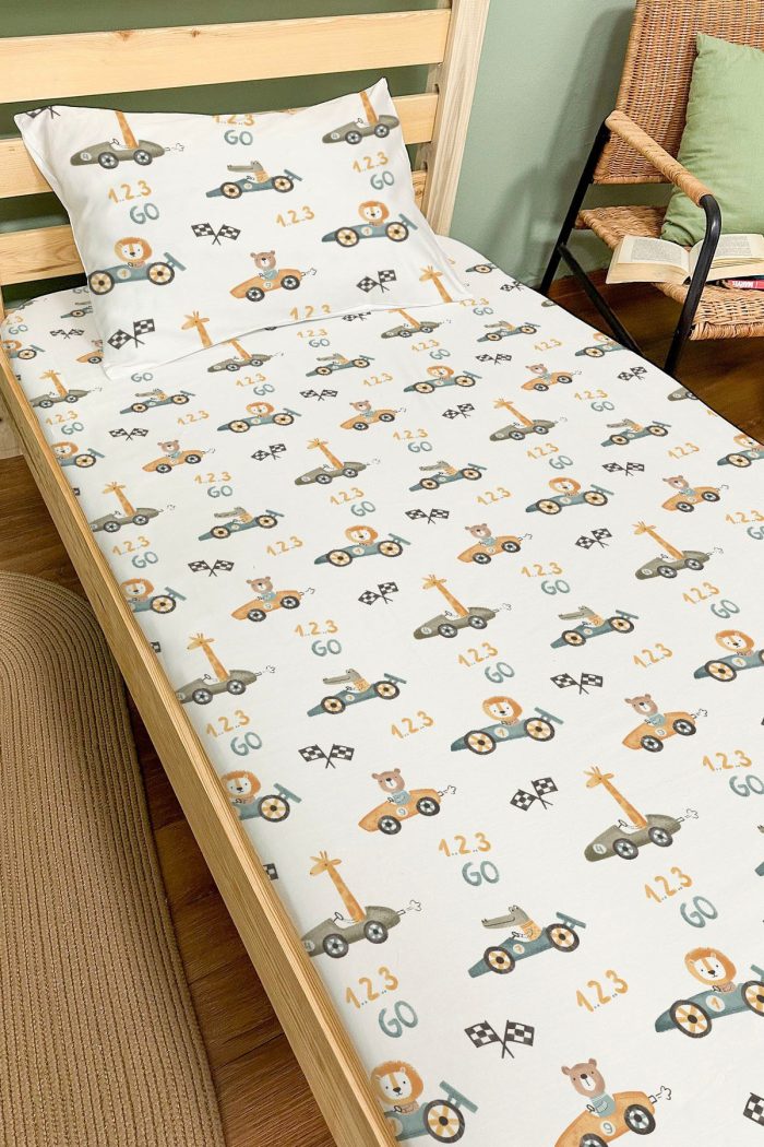 Organik Tek Kişilik Lastikli Çarşaf Seti - Minik Yarışçılar - Görsel 2