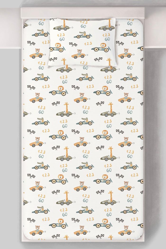 Organik Tek Kişilik Lastikli Çarşaf Seti - Minik Yarışçılar - Görsel 3