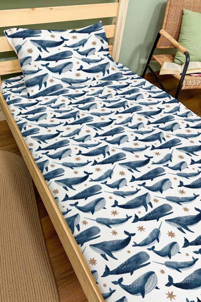 Organik Tek Kişilik Lastikli Çarşaf Seti - Balina Masalı - Görsel 2