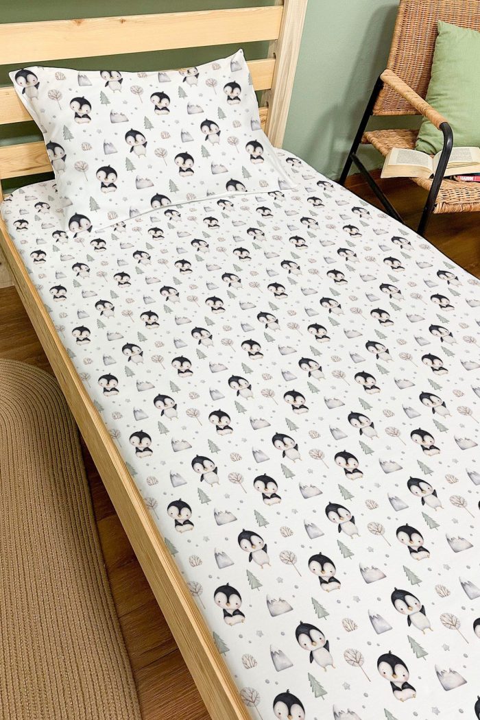 Organik Tek Kişilik Lastikli Çarşaf Seti - Kutup Dostları Penguenler - Görsel 2