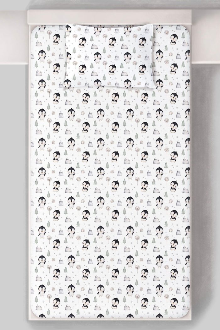 Organik Tek Kişilik Lastikli Çarşaf Seti - Kutup Dostları Penguenler - Görsel 3