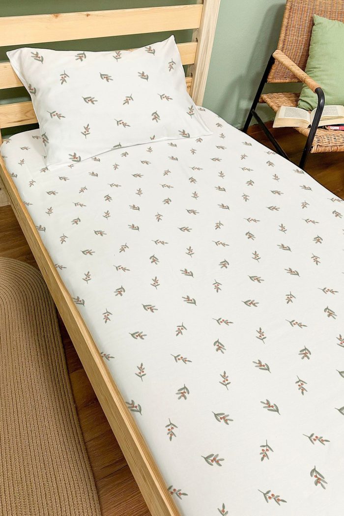 Organik Tek Kişilik Lastikli Çarşaf Seti - Yeşil Zeytin Dalı - Görsel 2