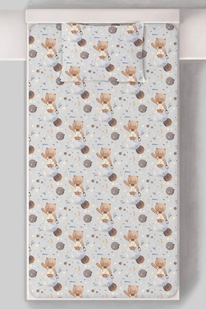 Organik Tek Kişilik Lastikli Çarşaf Seti - Uzayda Ayı - Görsel 3