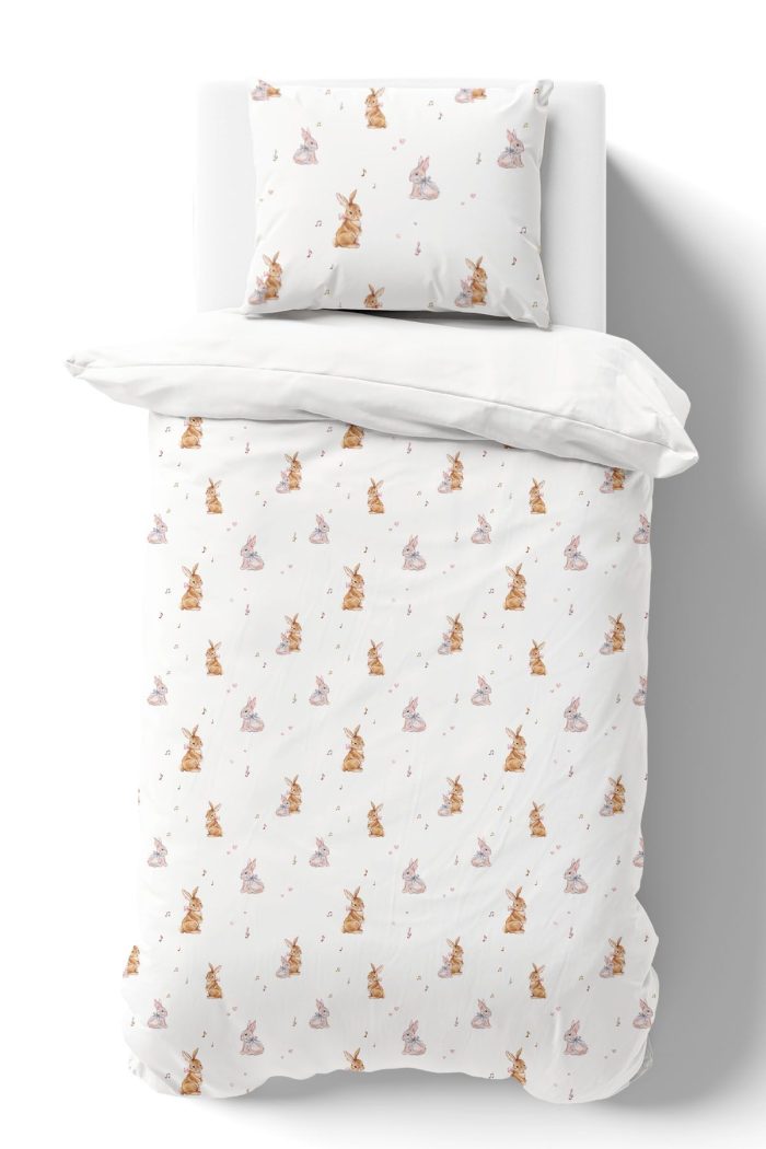 Organik Tek Kişilik Nevresim Takımı (160x220) - Neşeli Tavşan Notaları - Görsel 2