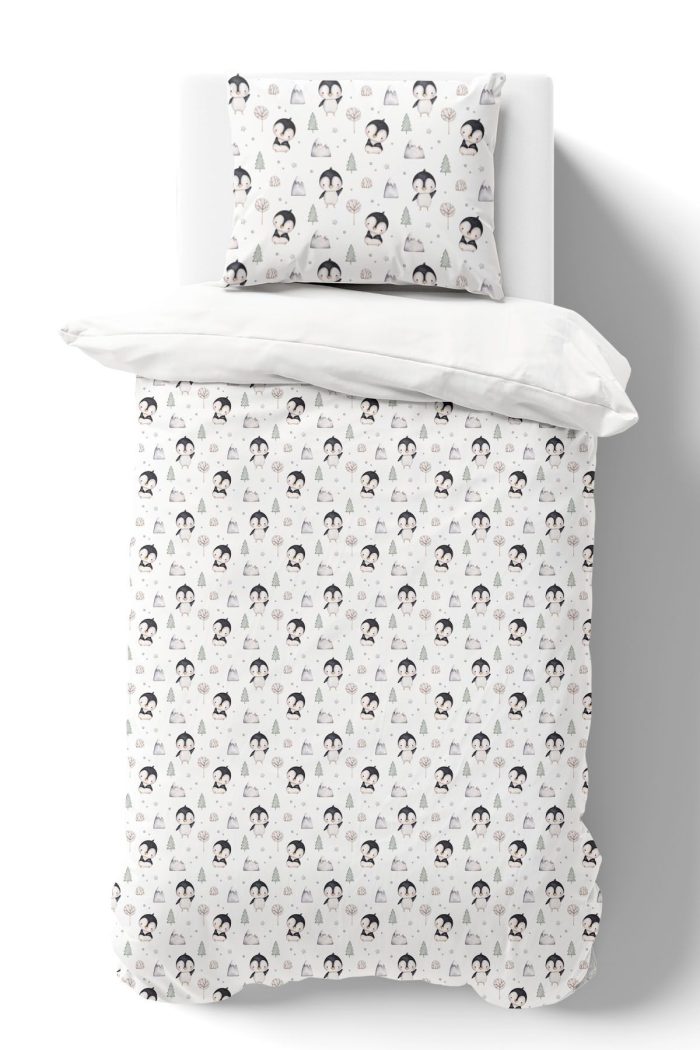 Organik Tek Kişilik Nevresim Takımı (160x220) - Kutup Dostları Penguenler - Görsel 2